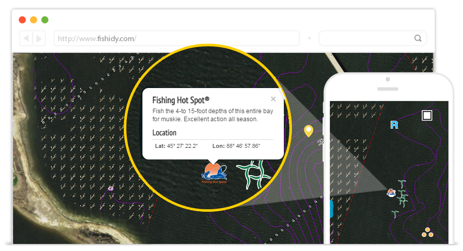 Image of a map displaying hot spots, weeds, rocks and more from Fishing Hot Spots
